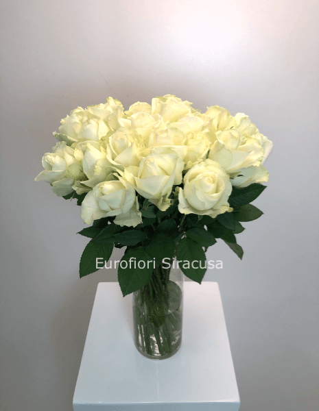 Bouquet di diciotto rose bianche (h. media) con verdi vari